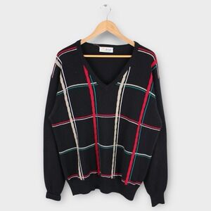 Pringle of Scotland Mens Black V-Neck Sweater Size L Vintage Striped Cable Knit